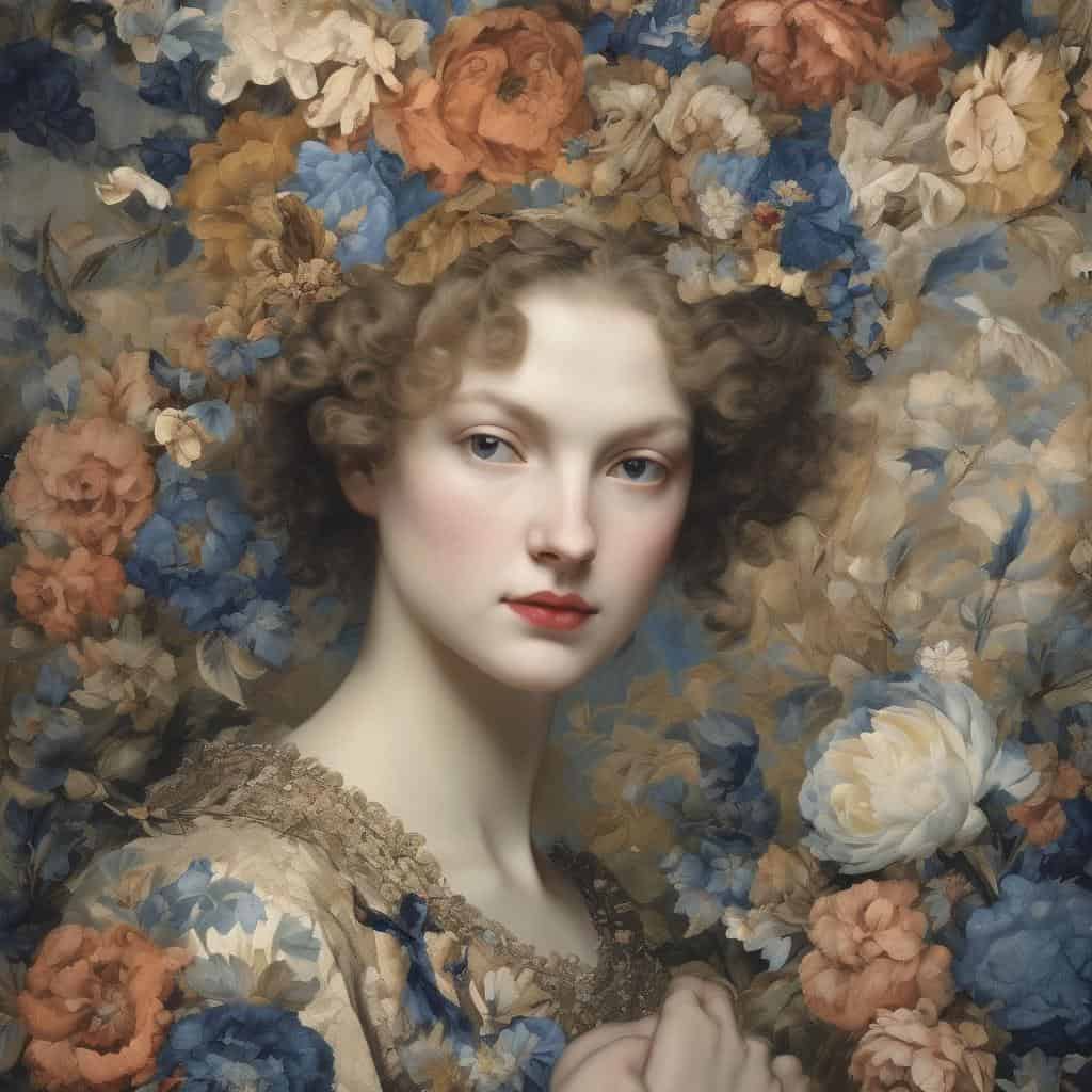 Ομορφη νεαρή γυναίκα με λευκό δέρμα και σγουρά καστανά μαλλιά, περιτριγυρισμένη από πολύχρωμα λουλούδια.