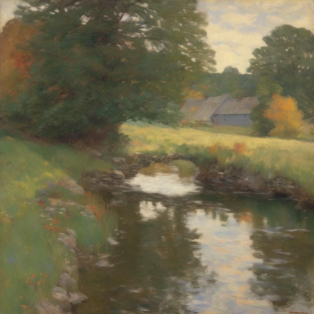 Ομορφική φύση και ρέμα με πράσινα δέντρα και αγροικία, αποπνέει ηρεμία και μεταμορφωτική δύναμη της σύνθεσης.