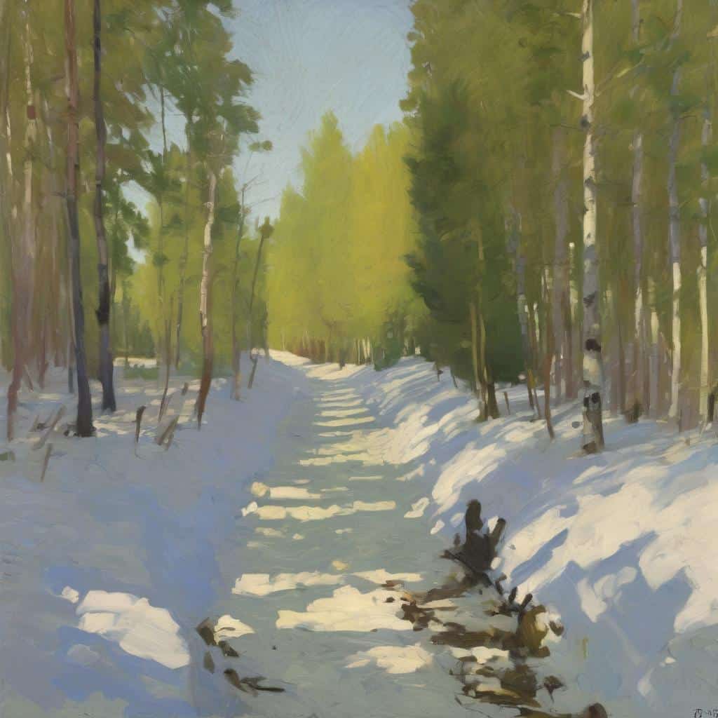 Ζωγραφική του χειμωνιάτικου δάσους με χιόνι και φωτεινές φυλλωσιές, δημιουργώντας μια ήρεμη και μεταμορφωτική ατμόσφαιρα.