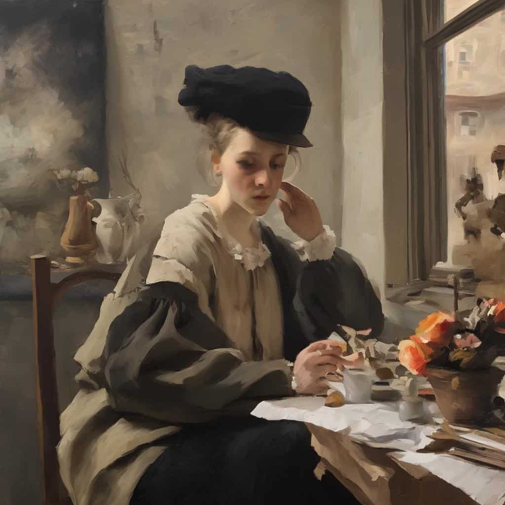 Λυπηρό πορτρέτο νεαρής γυναίκας με καπέλο σε εσωτερικό χώρο με καλαίσθητη ατμόσφαιρα.