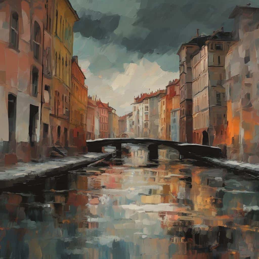Παλιά γέφυρα και πολύχρωμα κτίρια σε canal με μεσαιωνική ατμόσφαιρα, ζωγραφισμένο σε στυλ νεο-ιμπρεσιονισμού, αποπνέει ομορφιά και ιστορία.