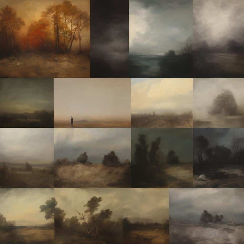 Ουρανοί με σύνθετα τοπία και ελαιογραφίες, εκφραστική τέχνη και μεταμορφωτική δύναμη στη δημιουργική σύνθεση.