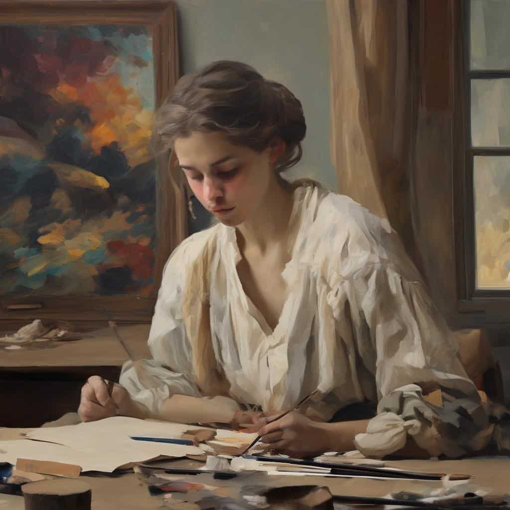 Λεπτομερής αγιογραφία γυναίκας ζωγράφου σε δημιουργική διαδικασία, διακοσμεί το χώρο της τέχνης και της σύνθεσης.