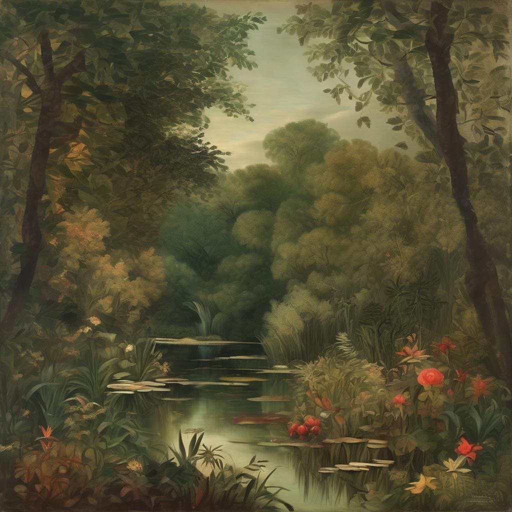 Λεπτομερής εικόνα καταπράσινης φύσης με δέντρα, λουλούδια και ηρεμία στον ποταμό.