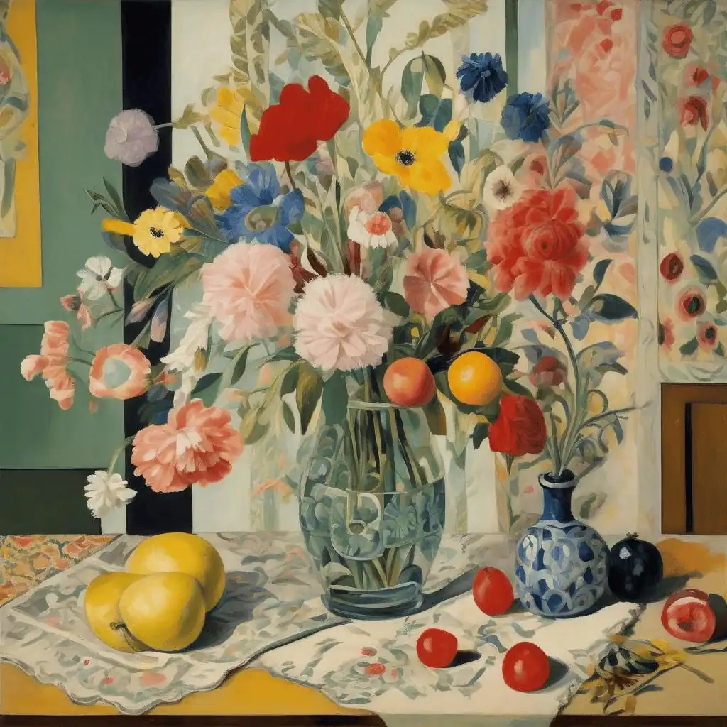 Flowers in a Glass Vase with Abstract Needlework Design – Vanessa Bell